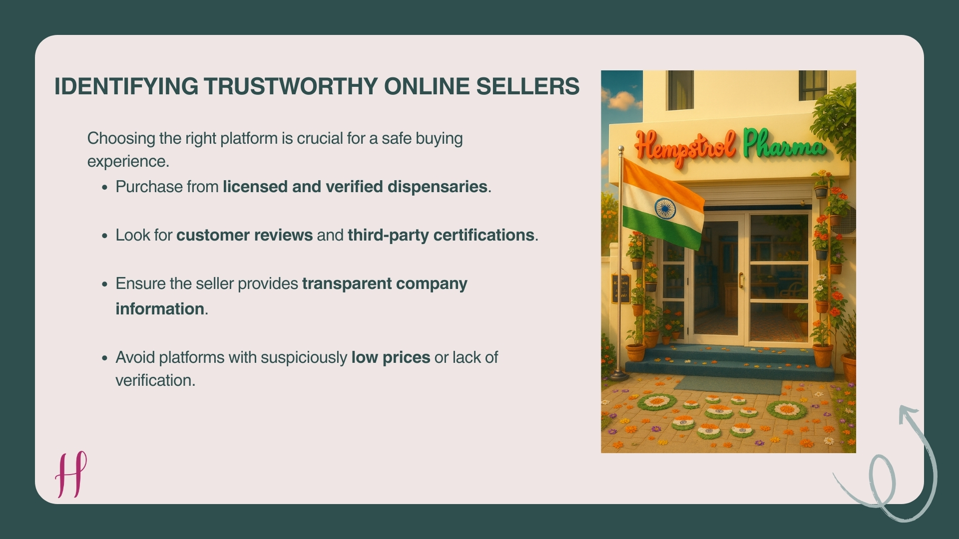Identifying Trustworthy Online Sellers”; bullets plus “Hempstrol Pharma” storefront with Indian flag.